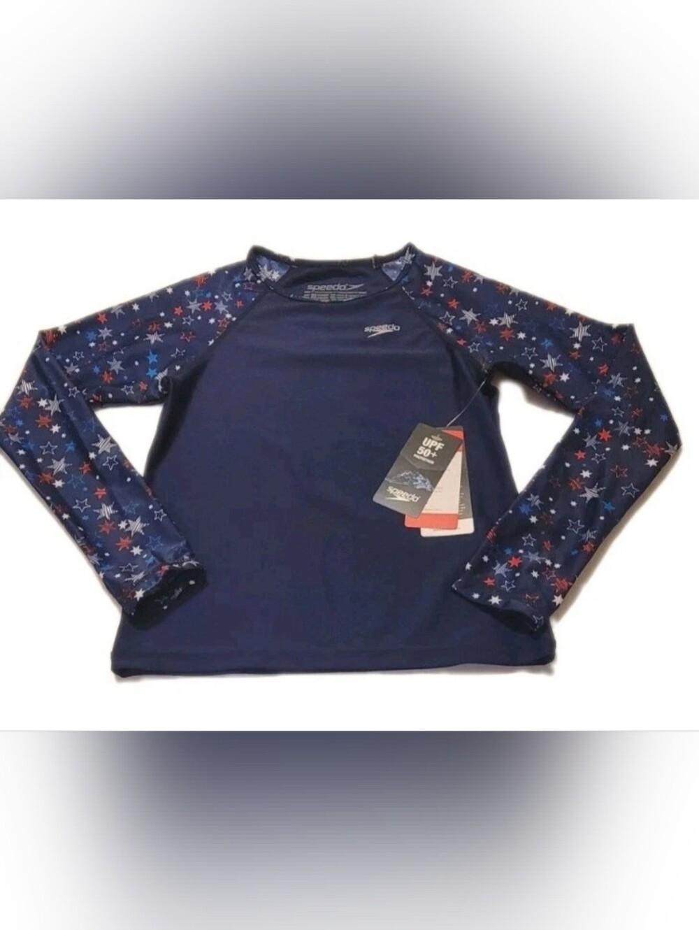 Speedo Girls Sm Rash Guard LS Swim Shirt UV UPF50+ Stars Red White Blue July 4th